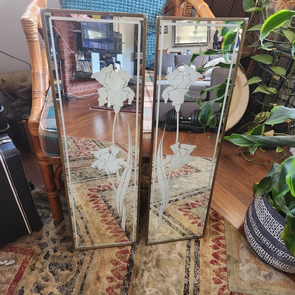 Vintage Other - Vintage Brass Etched glass 1970s Mirrors Hollywood Regency Mid Century mirror